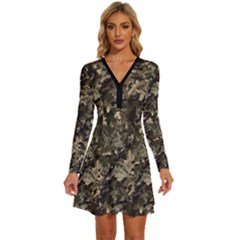 Camouflage Army Survival Uniform Long Sleeve Deep V Mini Dress  by Posterlux