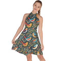 Birds Pattern Flowers Whimsical Sleeveless Halter Neck A-line Dress by Salmanaz77