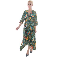 Birds Pattern Flowers Whimsical Quarter Sleeve Wrap Front Maxi Dress by Salmanaz77