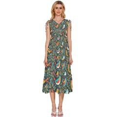 Birds Pattern Flowers Whimsical V-neck Drawstring Shoulder Sleeveless Maxi Dress by Salmanaz77