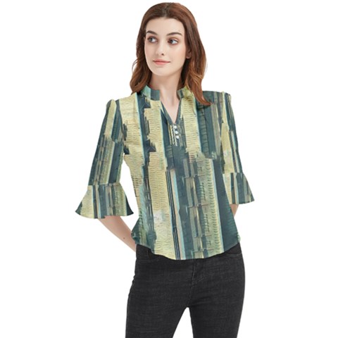 Texture Abstract Buildings Loose Horn Sleeve Chiffon Blouse by anzea