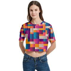 Abstract Geometry Blocks Women s Round Neck Short Sleeve Crop Top by anzea