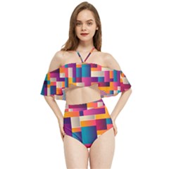 Abstract Geometry Blocks Halter Flowy Bikini Set 