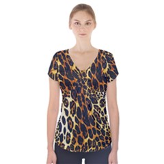 Leopard Skin Texture, Macro, Brown Short Sleeve Front Detail Top by kyorashop23