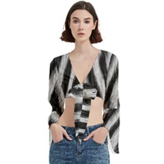 Zebra Texture, Zebra Wool, White Black Background Trumpet Sleeve Cropped Top