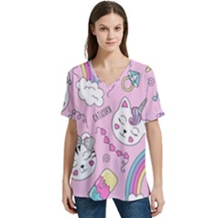 Beautiful Cute Animals Pattern Pink V-neck Split Shoulder Casual T-shirt by Grandong