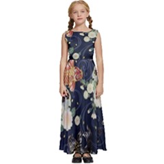 Japanese Wave Koi Illustration Pattern Kids  Satin Sleeveless Maxi Dress by Ndabl3x
