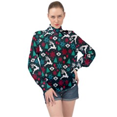 Holiday Season Pattern December Happy Holidays Merry Christmas Winter Family Festive New Year High Neck Long Sleeve Chiffon Top by Maspions