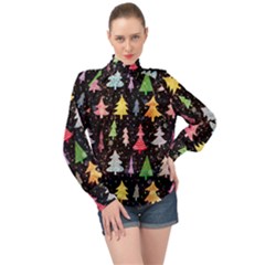 Fun Christmas Trees Adoxali Scandinavian Artistic Background Pattern High Neck Long Sleeve Chiffon Top by Maspions