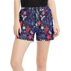 Festive Floral Pattern Christmas Blue Floral Flower Foliage Leaves Pattern Red Snow Winter Women s Runner Shorts by Maspions