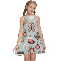 Christmas Cartoon Pattern Kids  Halter Collar Waist Tie Chiffon Dress by Apen