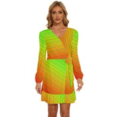 Orange Green Gradient Hunter Long Sleeve Waist Tie Ruffle Velvet Dress by Dutashop