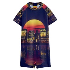 Abstract City Retro Sunset Night Kids  Boyleg Half Suit Swimwear by Bedest