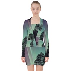 Silhouette Of Aurora Borealis V-neck Bodycon Long Sleeve Dress by Bedest