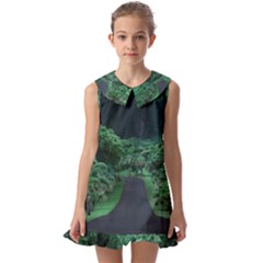 Jungle Road Hawaii Asphalt Mountains Green Kids  Pilgrim Collar Ruffle Hem Dress by Bedest