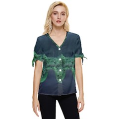 Jungle Road Hawaii Asphalt Mountains Green Bow Sleeve Button Up Top by Bedest