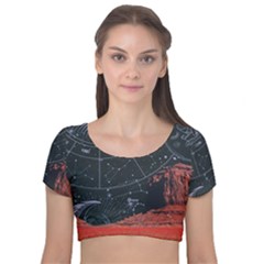 Astrology Surreal Surrealism Trippy Visual Art Velvet Short Sleeve Crop Top  by Bedest