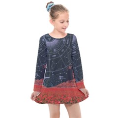 Astrology Surreal Surrealism Trippy Visual Art Kids  Long Sleeve Dress by Bedest