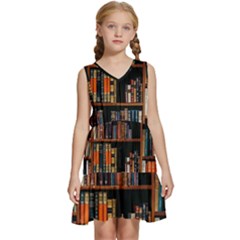 Assorted Title Of Books Piled In The Shelves Assorted Book Lot Inside The Wooden Shelf Kids  Sleeveless Tiered Mini Dress by Bedest