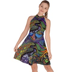 Psychedelic Digital Art Artwork Landscape Colorful Sleeveless Halter Neck A-line Dress by Bedest