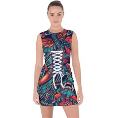 Vintage Tattoos Colorful Seamless Pattern Lace Up Front Bodycon Dress by Bedest