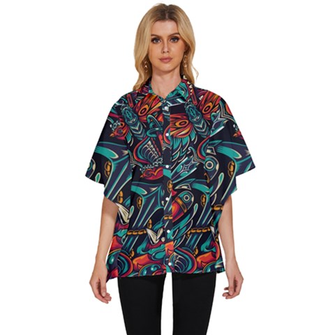 Vintage Tattoos Colorful Seamless Pattern Women s Batwing Button Up Shirt by Bedest