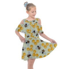 Bees Pattern Honey Bee Bug Honeycomb Honey Beehive Kids  Shoulder Cutout Chiffon Dress by Bedest