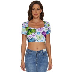 Butterflies, Abstract, Background, Colorful Short Sleeve Square Neckline Crop Top  by kyorashop23