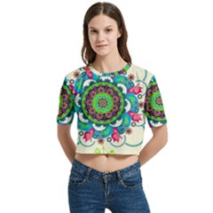 Mandala Flowers, Abstract, Butterflies, Floral, Pattern Women s Round Neck Short Sleeve Crop Top by kyorashop23