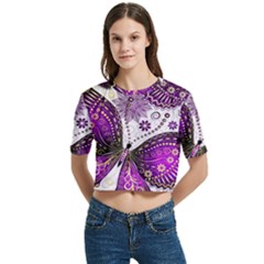 Purple Butterflies, Abstract, Floral, Flowers Women s Round Neck Short Sleeve Crop Top by kyorashop23