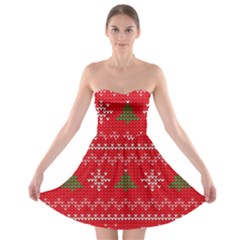 Red Christmas Pattern Xmas Decorations, Christmas Knitted Texture Strapless Bra Top Dress by kyorashop23