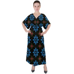 Flower Pattern Flora Floral Seamless V-neck Boho Style Maxi Dress by Salmanaz77