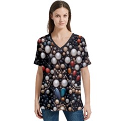 Pearls And Stones V-neck Split Shoulder Casual T-shirt by dedoma