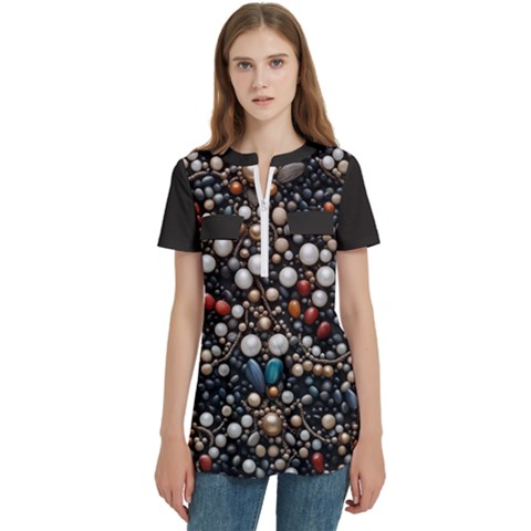 Pearls And Stones Women s Zip Front V-neck Short Sleeve Casual Top Pocket Shirt by dedoma