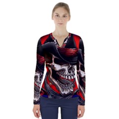 Confederate Flag Usa America United States Csa Civil War Rebel Dixie Military Poster Skull V-neck Long Sleeve Top by Ket1n9