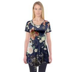 Japanese Wave Koi Illustration Pattern Short Sleeve Tunic  by Ndabl3x