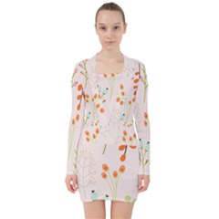 Boho Pattern Berries Flowers Nature V-neck Bodycon Long Sleeve Dress by Bedest