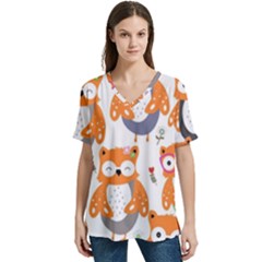 Cute Colorful Owl Cartoon Seamless Pattern V-neck Split Shoulder Casual T-shirt by Apen