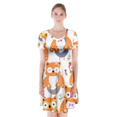 Cute Colorful Owl Cartoon Seamless Pattern Short Sleeve V-neck Flare Dress by Apen