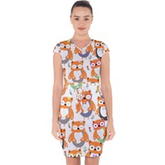 Cute Colorful Owl Cartoon Seamless Pattern Capsleeve Drawstring Dress  by Apen