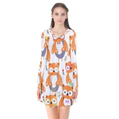 Cute Colorful Owl Cartoon Seamless Pattern Long Sleeve V-neck Flare Dress by Apen