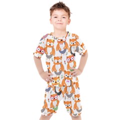 Cute Colorful Owl Cartoon Seamless Pattern Kids  T-shirt And Shorts Set by Apen