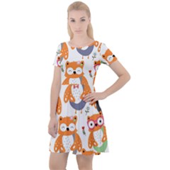 Cute Colorful Owl Cartoon Seamless Pattern Cap Sleeve Velour Dress  by Apen