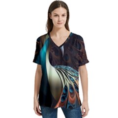 Colorful Peacock Bird Feathers V-neck Split Shoulder Casual T-shirt by Apen