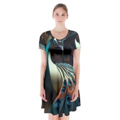 Colorful Peacock Bird Feathers Short Sleeve V-neck Flare Dress by Apen