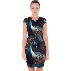 Colorful Peacock Bird Feathers Capsleeve Drawstring Dress  by Apen