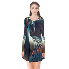 Colorful Peacock Bird Feathers Long Sleeve V-neck Flare Dress by Apen