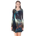 Colorful Peacock Bird Feathers Long Sleeve V-neck Flare Dress View1