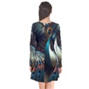 Colorful Peacock Bird Feathers Long Sleeve V-neck Flare Dress View2