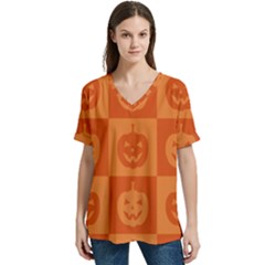 Seamless Halloween Pattern With Smiling Pumpkin 20240926 161520 0000 V-neck Split Shoulder Casual T-shirt by Safari